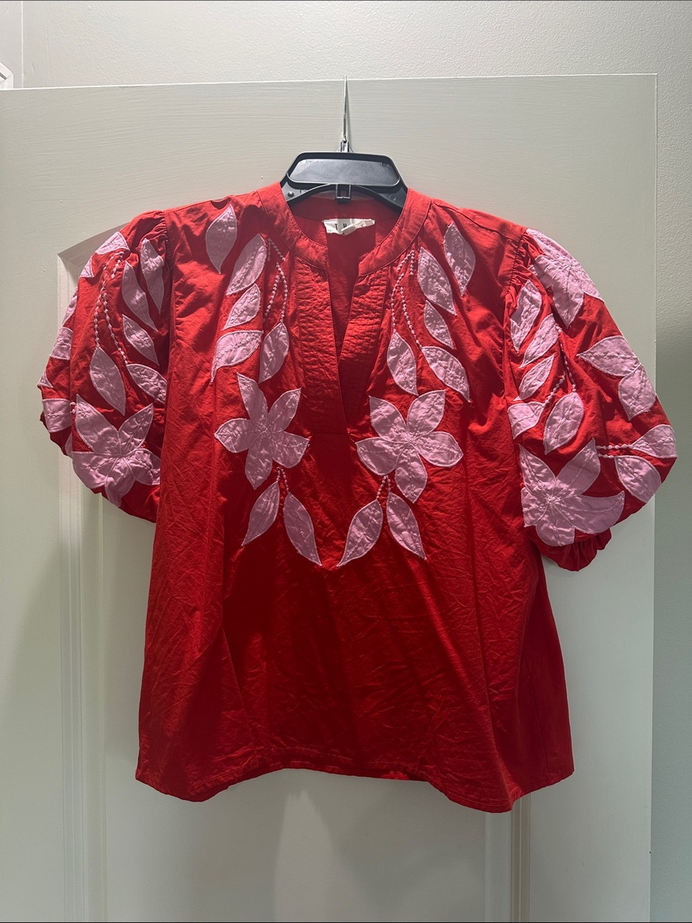 THML Red Top with Pink Floral Appliqué Puff Sleeves